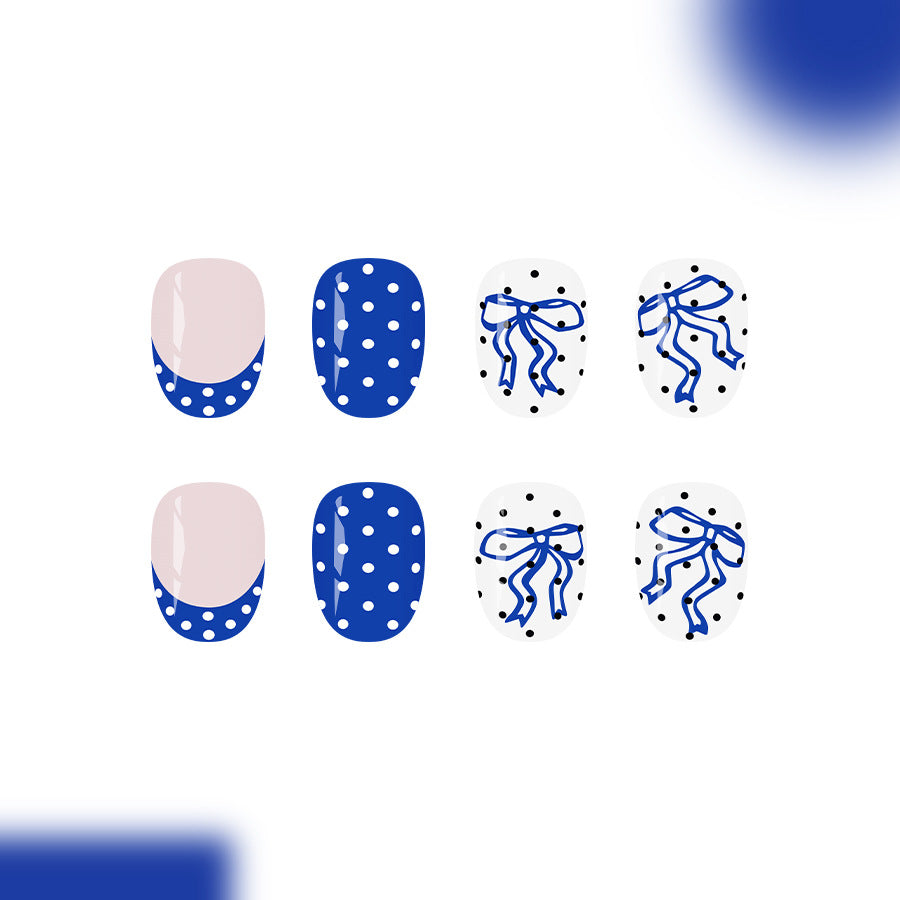 Charming Celebration Short Round Blue with Polka Dots and Ribbon Design Press on Nail Set