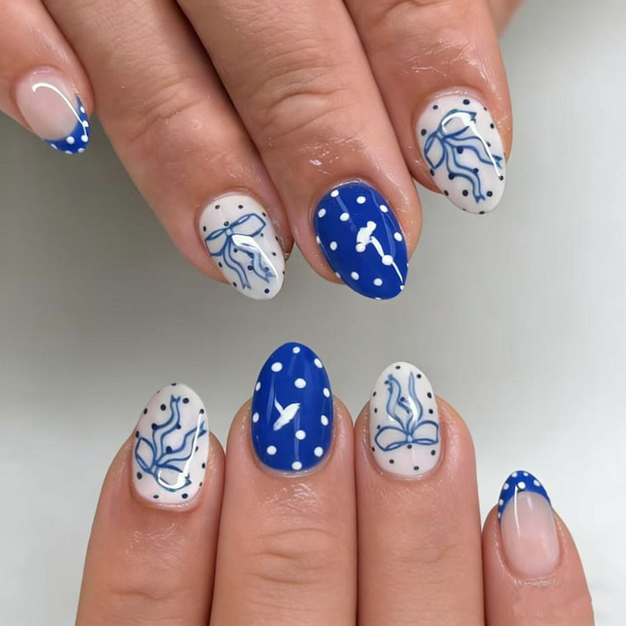 Nautical Dream Medium Almond Blue with Whimsical Bows Press on Nail Set