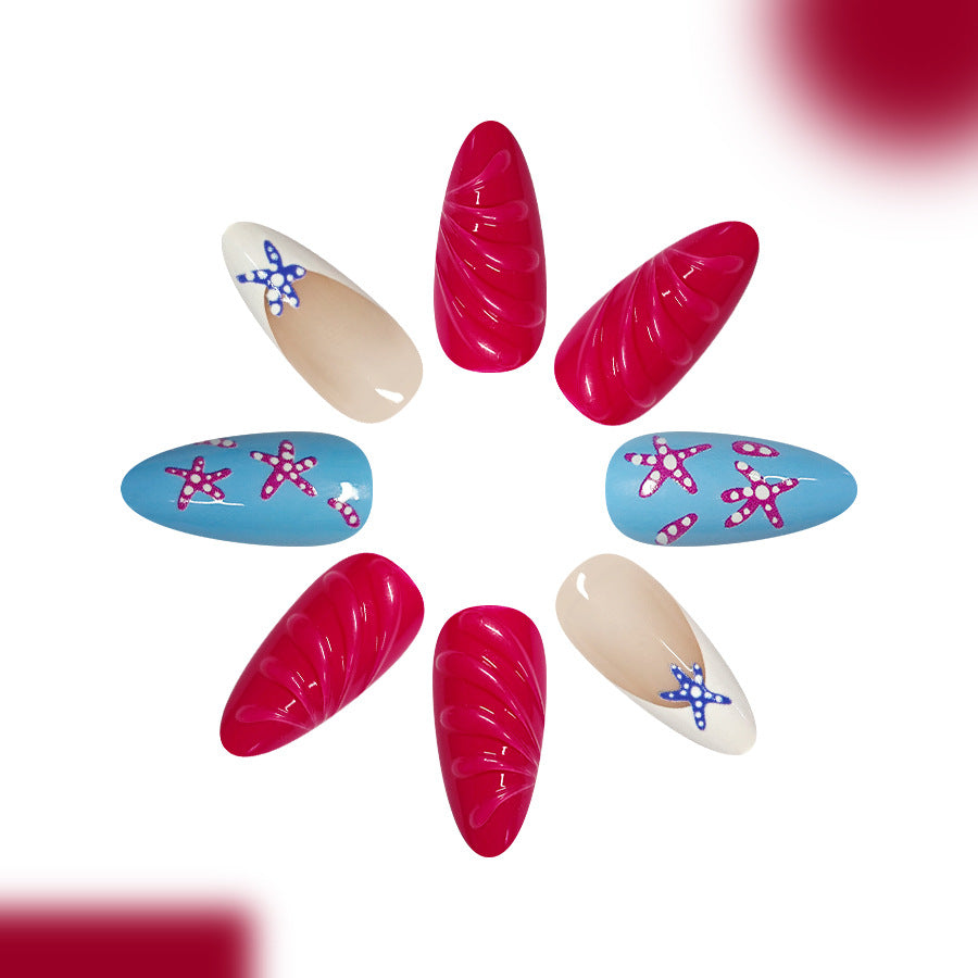 Beach Bliss Long Almond Red and Blue Starfish Design Press on Nail Set