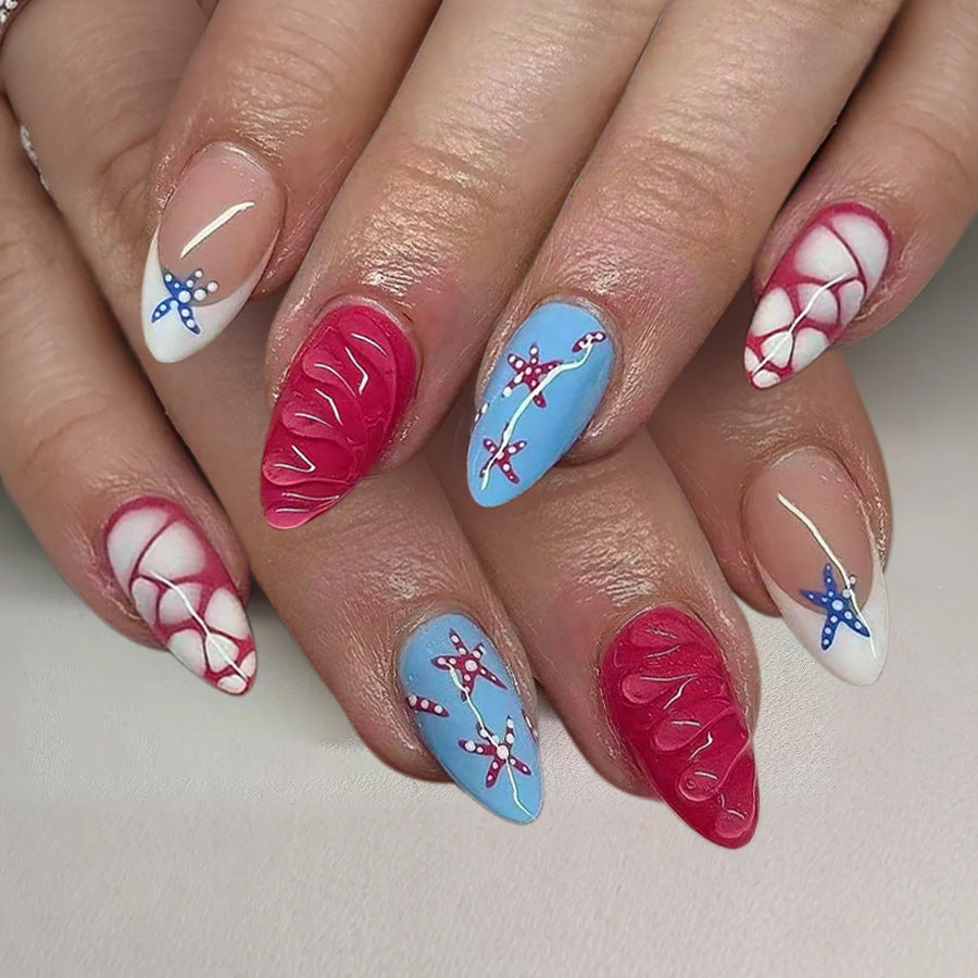 Tropical Paradise Medium Almond Ocean Blue and Coral Press on Nail Set with Unique Floral Design