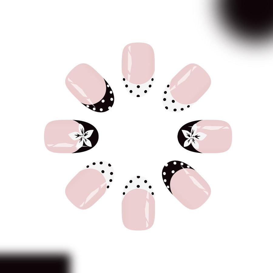 Elegant Floral Charm Short Round Pink with Unique Black Dot Design Press On Nail Set
