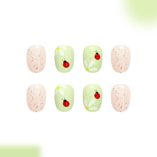 Whimsical Garden Short Square Green with Ladybug Design Press On Nail Set