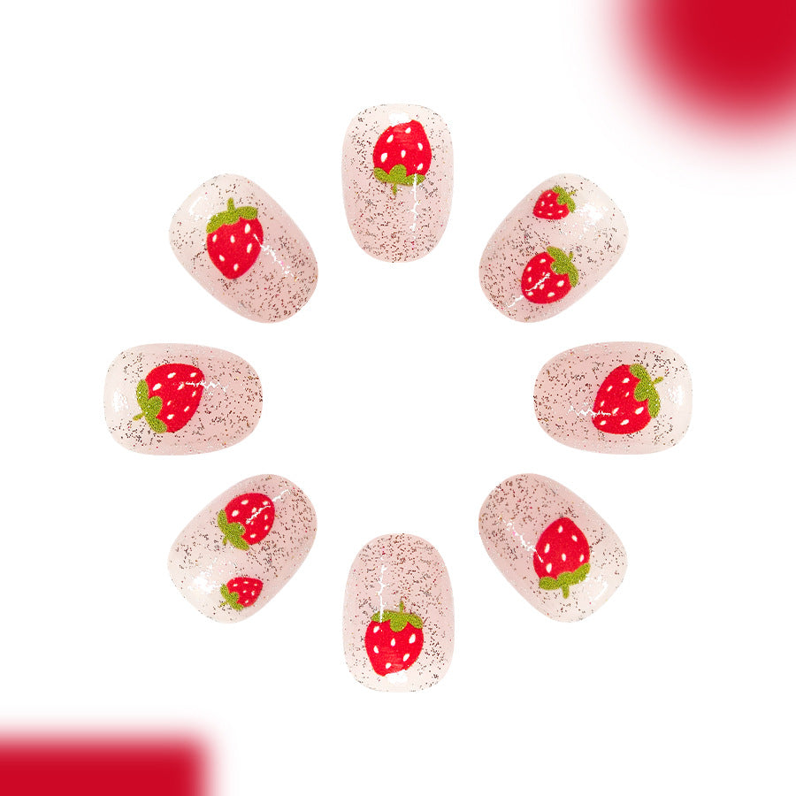 Berry Delight Short Round Pink Glitter Press-On Nail Set with Strawberry Accents