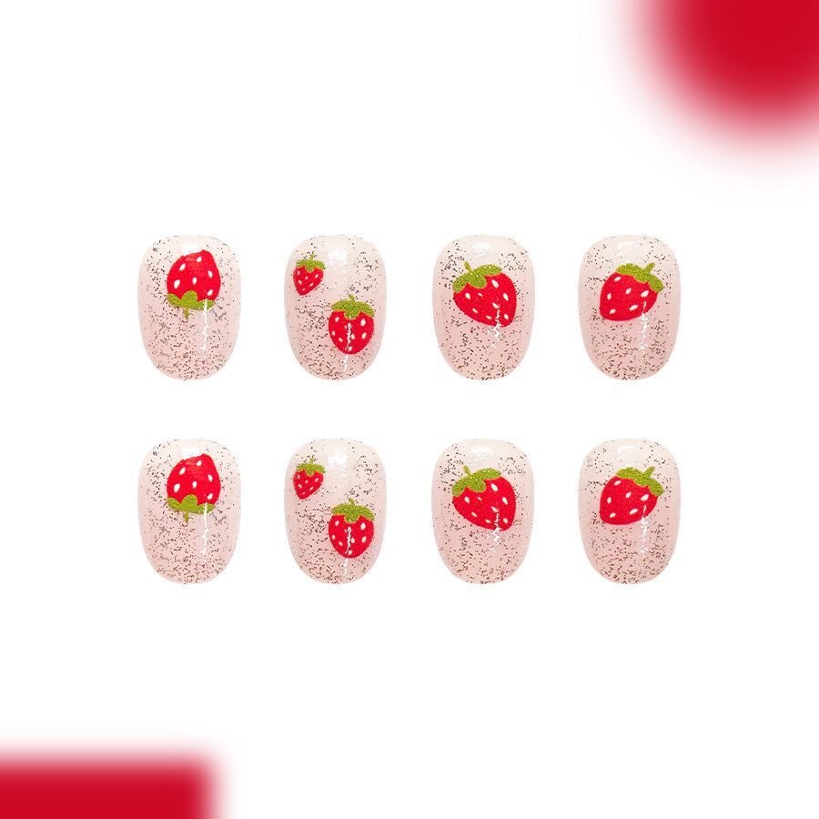 Strawberry Delight Short Oval Pink Glitter Press On Nail Set with Fun Fruit Design
