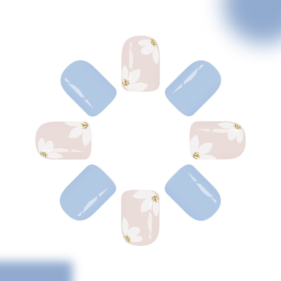 Blooming Serenity Medium Square Soft Blue with Floral Accent Press-On Nail Set