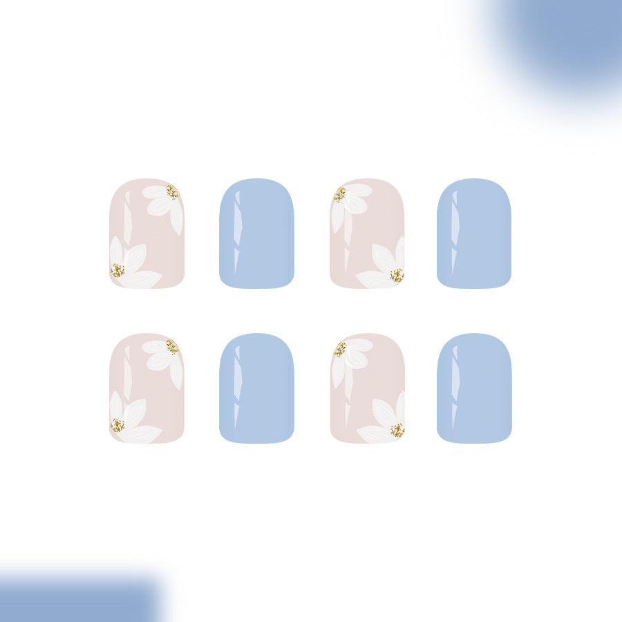 Floral Serenity Short Square Light Blue with Elegant Flower Design Press On Nail Set