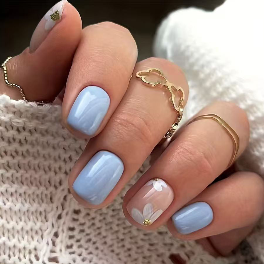 Whimsical Blue Short Square Press On Nail Set with Floral Accent