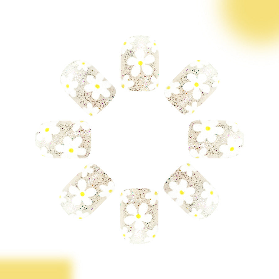 Floral Whimsy Short Square White with Flower Design Press On Nail Set