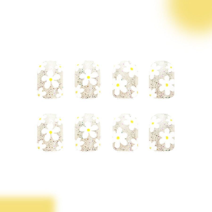Spring Blossom Short Square Glitter Floral Press-On Nail Set