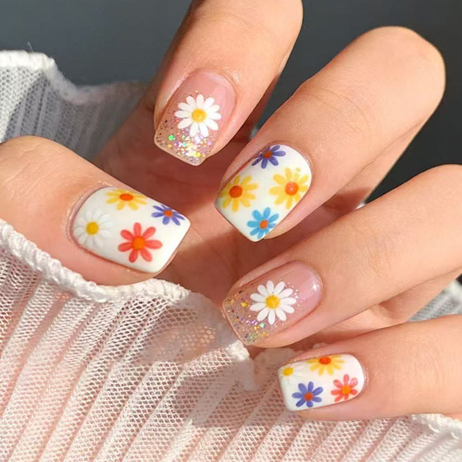 Blooming Garden Short Square White Floral Press On Nail Set with Glitter Accent