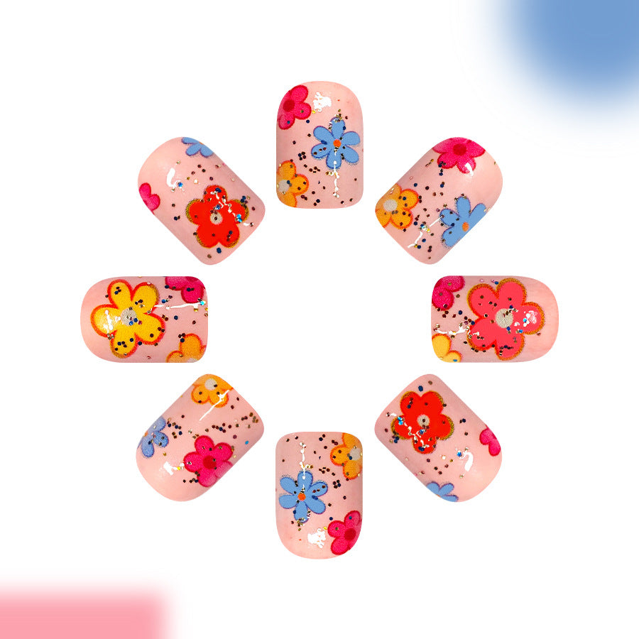 Blossom Garden Short Square Pink with Vibrant Floral Design Press On Nail Set
