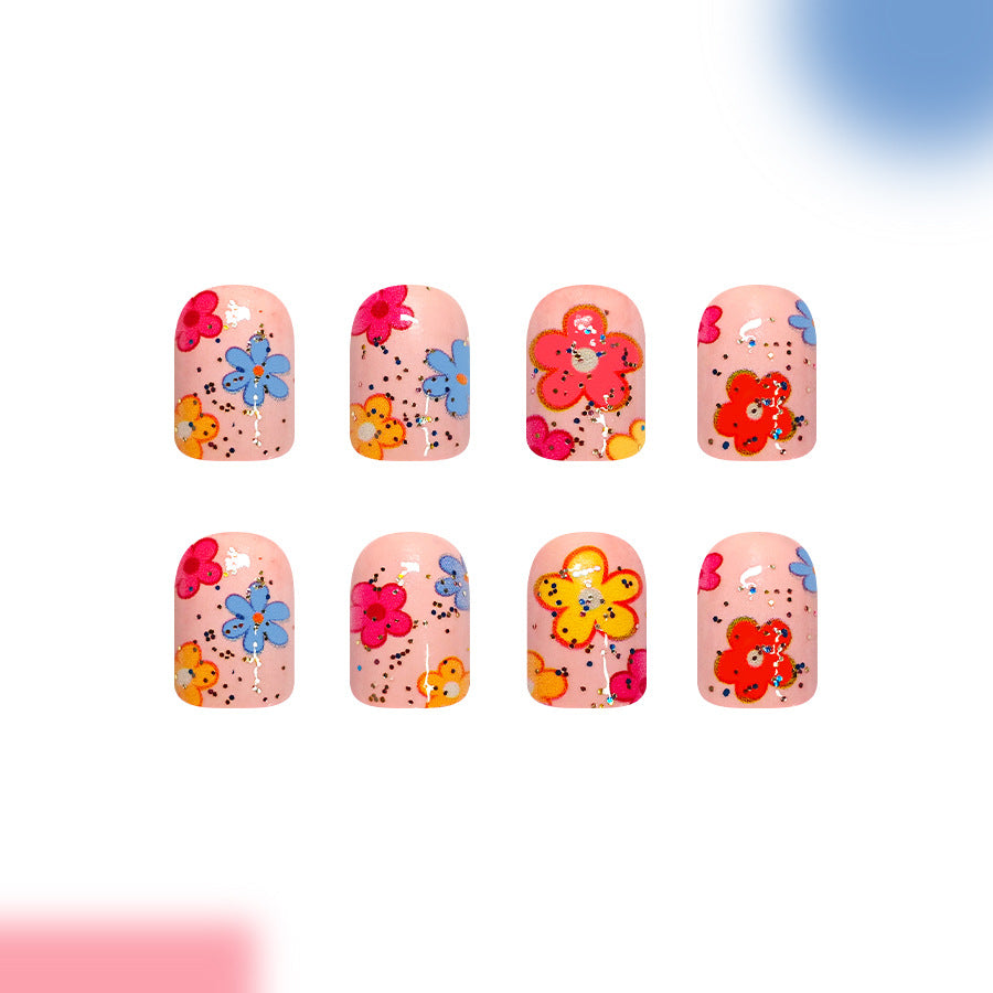 Whimsical Floral Design Medium Square Pink Nail Set with Glitter Accents