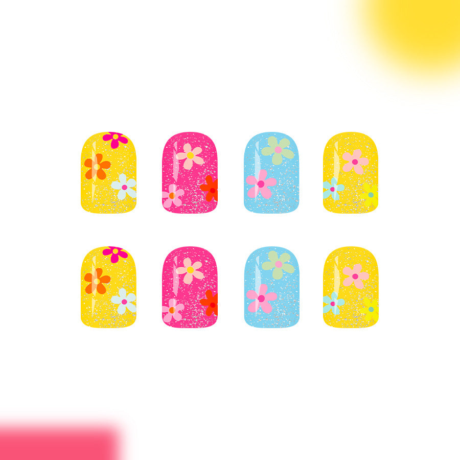 Spring Blossom Short Square Glitter Press-On Nail Set with Colorful Floral Design