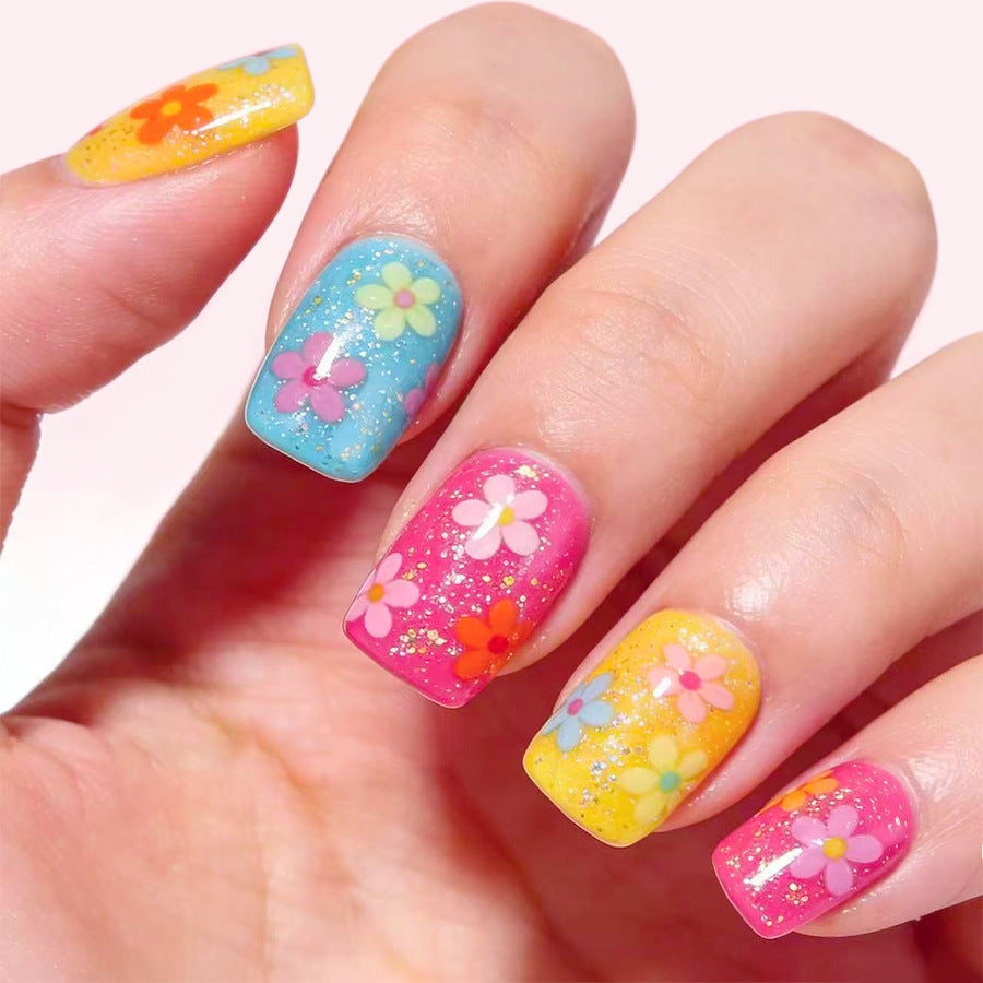 Floral Fiesta Short Square Pastel with Glitter Accents Press On Nail Set