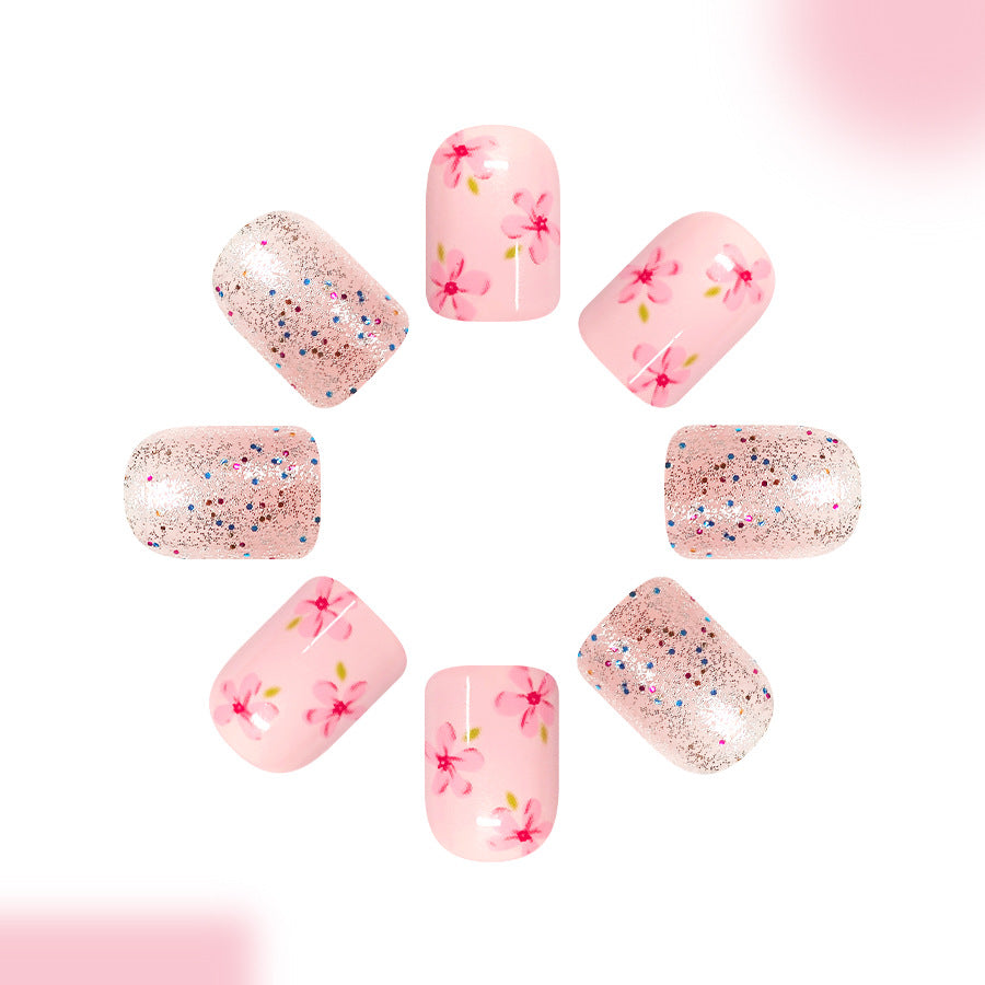 Cherry Blossom Dream Medium Square Pink Floral Glitter Press On Nail Set