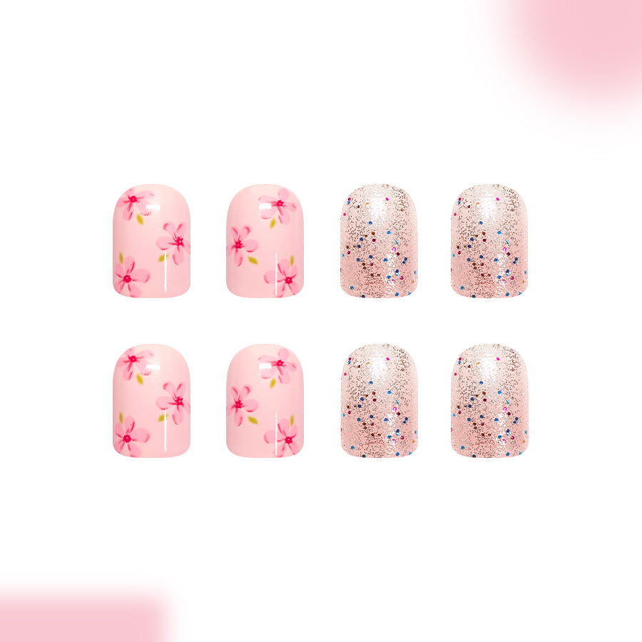 Blossom Dream Short Square Pink with Floral Design and Glitter Accents Press On Nail Set