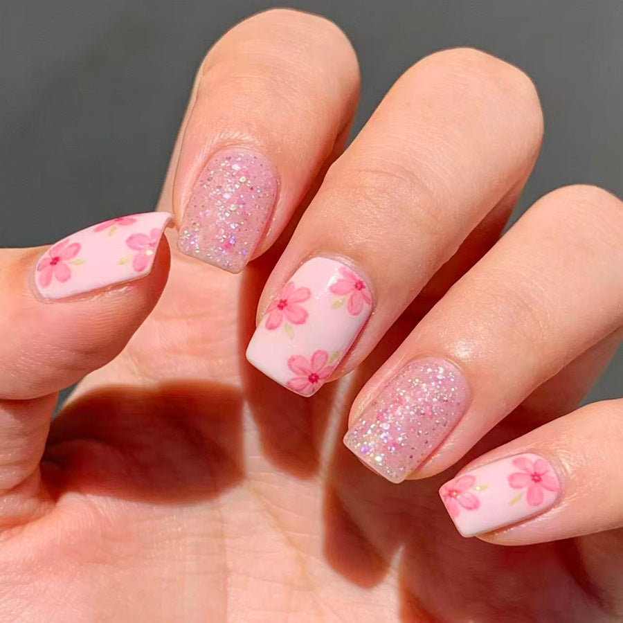 Whimsical Floral Short Square Pink with Glitter Press On Nail Set