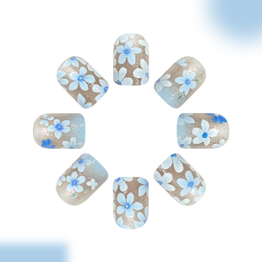 Floral Elegance Short Square Blue Pattern Press On Nail Set