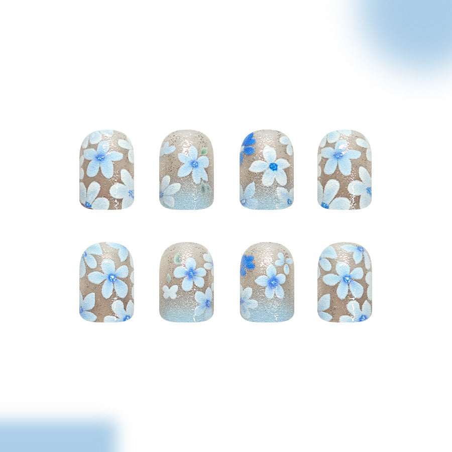 Dreamy Floral Short Square Blue Ombre Nail Set with Sparkling Accents