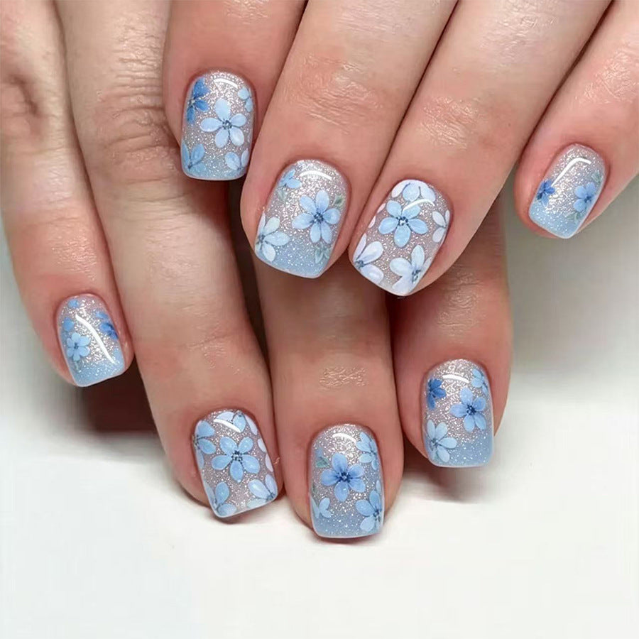 Blossom Breeze Short Square Blue Floral Design Nail Set