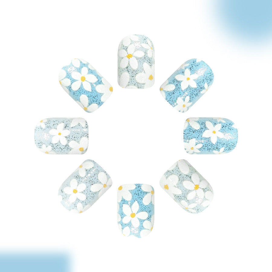 Whimsical Spring Vibes Medium Square Sky Blue Floral Press on Nail Set