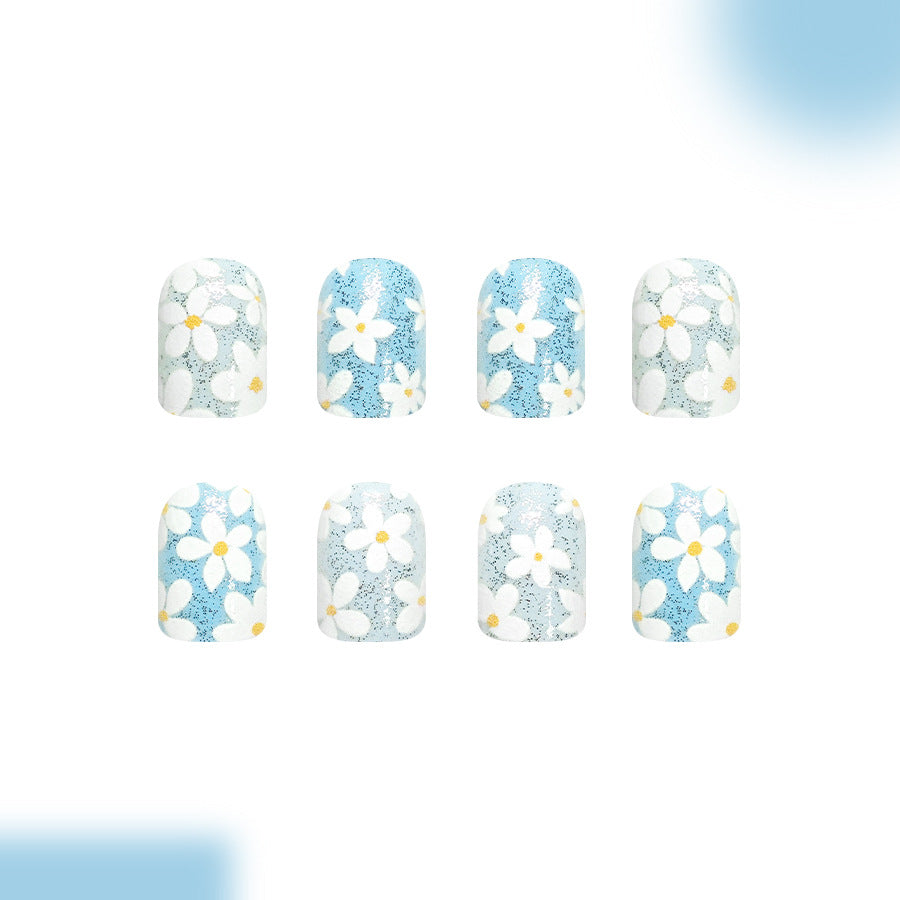 Springtime Serenity Short Square Light Blue with Floral Design Press on Nail Set
