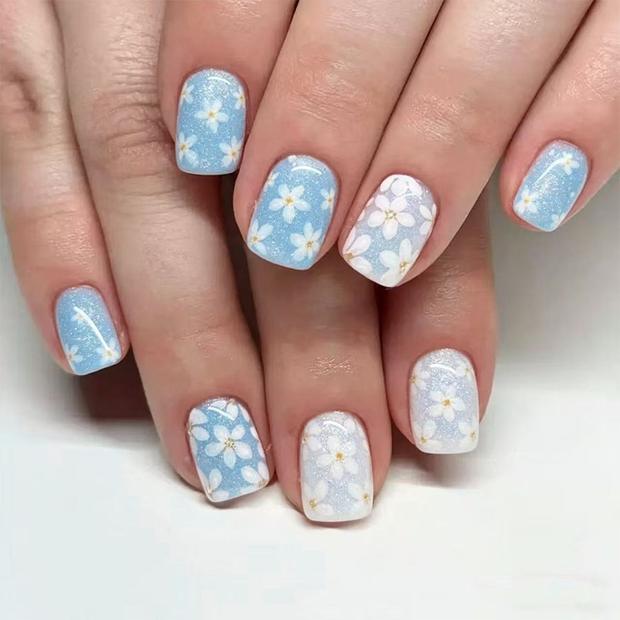 Spring Blossom Medium Square Sky Blue Floral Press On Nail Set