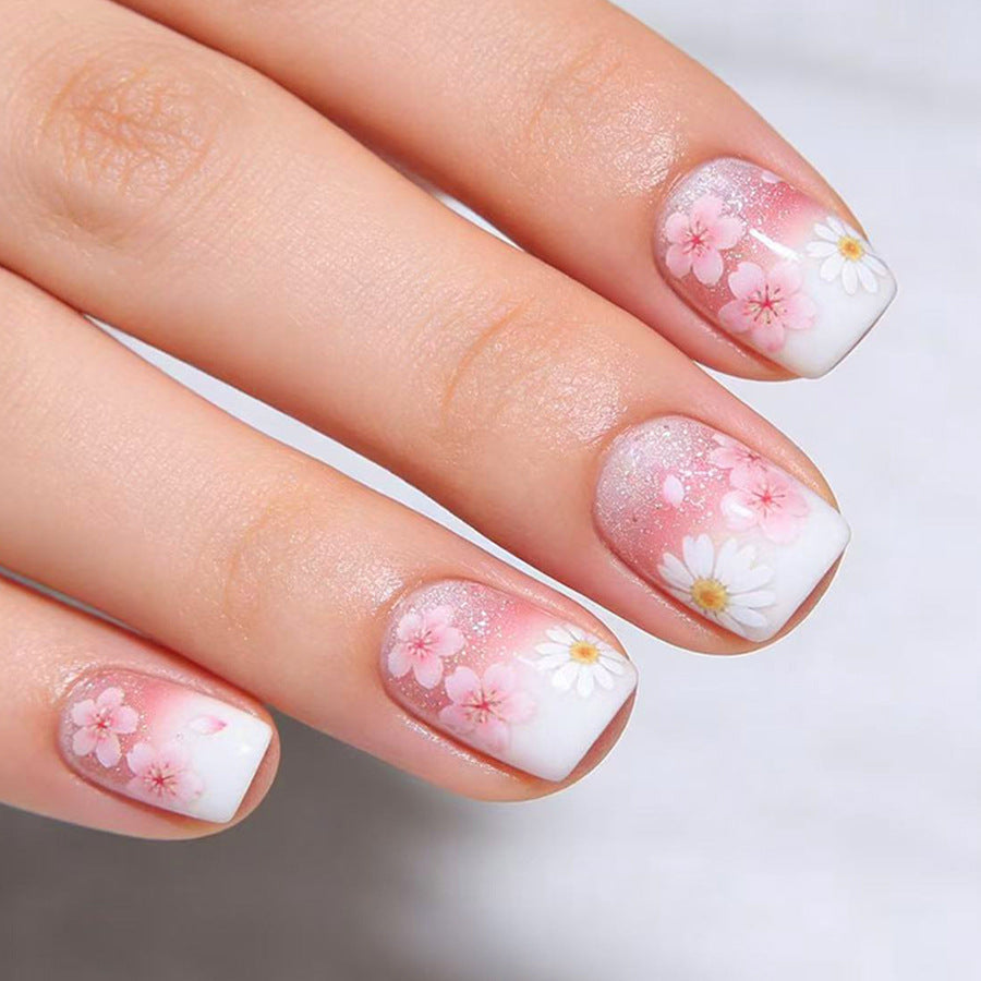 Blossom Delight Short Square Pink Ombre Floral Press On Nail Set