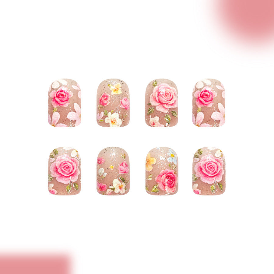 Blossoming Elegance Short Square Pink Floral Press On Nail Set with Glitter Finish
