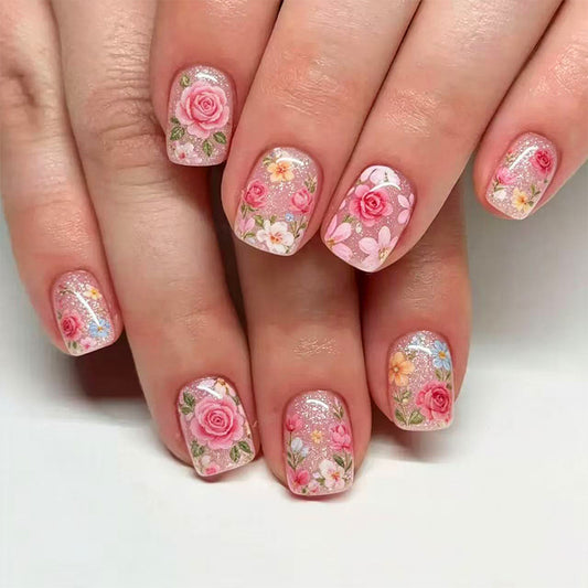 Floral Elegance Short Square Pink with Glittering Flower Accents