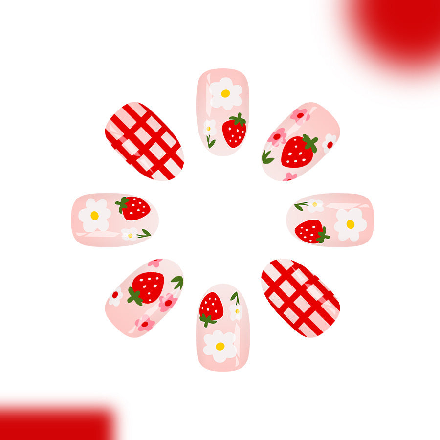 Strawberry Delight Short Round Pink Floral Press On Nail Set with Cute Pattern