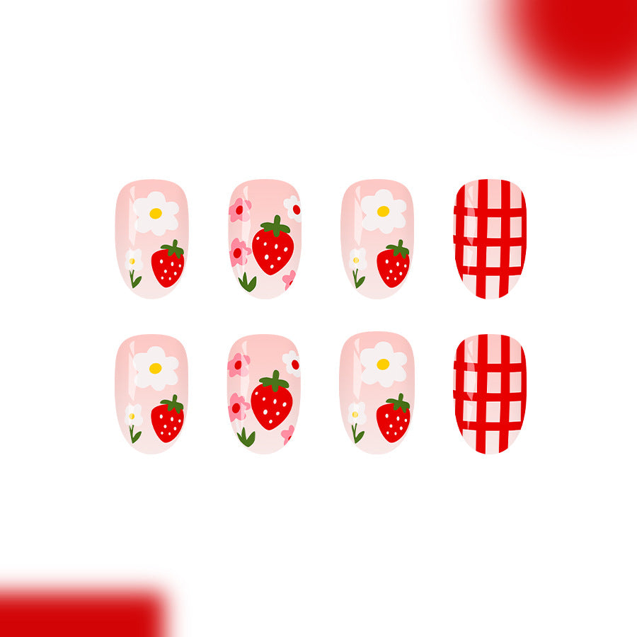 Strawberry Fields Medium Oval Pink Floral Press On Nail Set with Charming Gingham Design