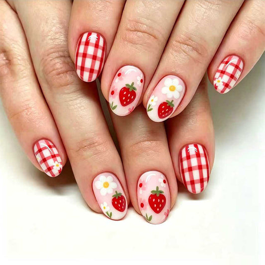 Strawberry Fields Medium Round Red with Flower and Gingham Design Press On Nail Set