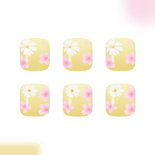 Blossom Delight Short Square Yellow Press On Toenail Set with Floral Design