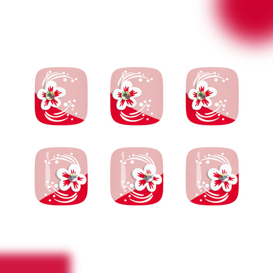 Blossoming Beauty Short Square Pink with Floral Design Press On Toenail Set
