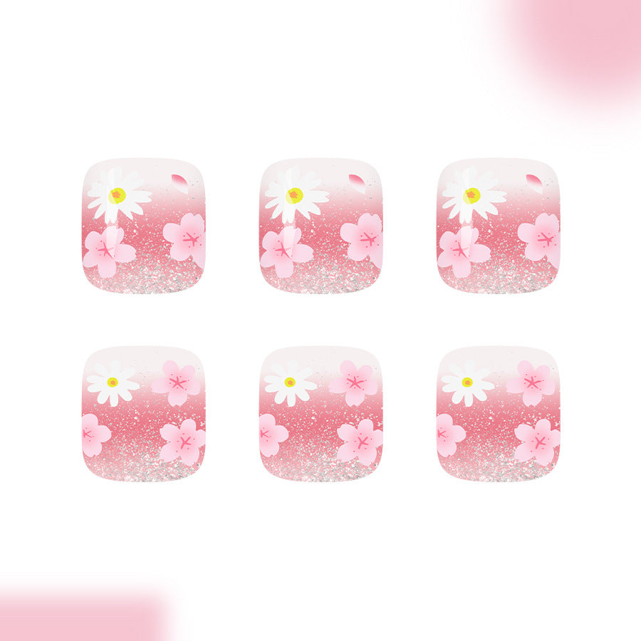 Spring Blossom Short Square Pink Ombre Floral Toenail Set with Glitter Finish