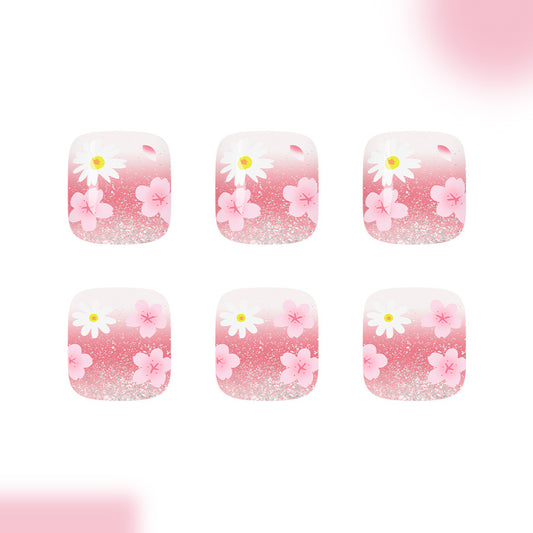 Spring Blossom Short Square Pink Ombre Floral Toenail Set with Glitter Finish