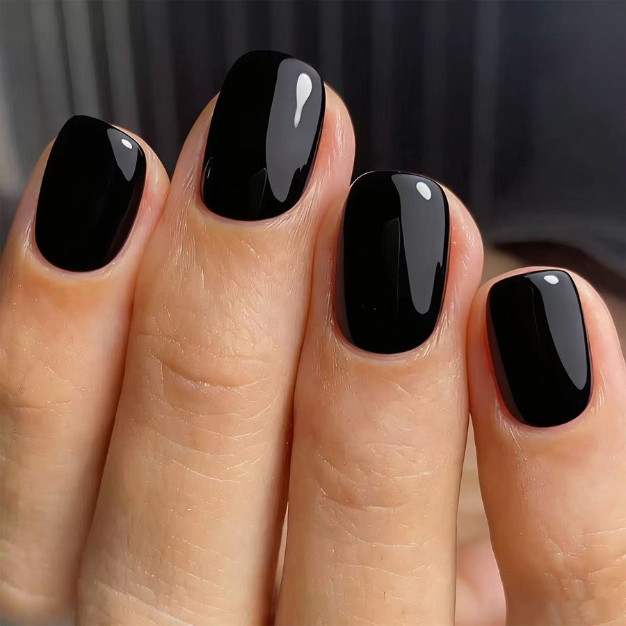 Mystical Elegance Short Square Black Glossy Nail Press Set with Mirror Finish