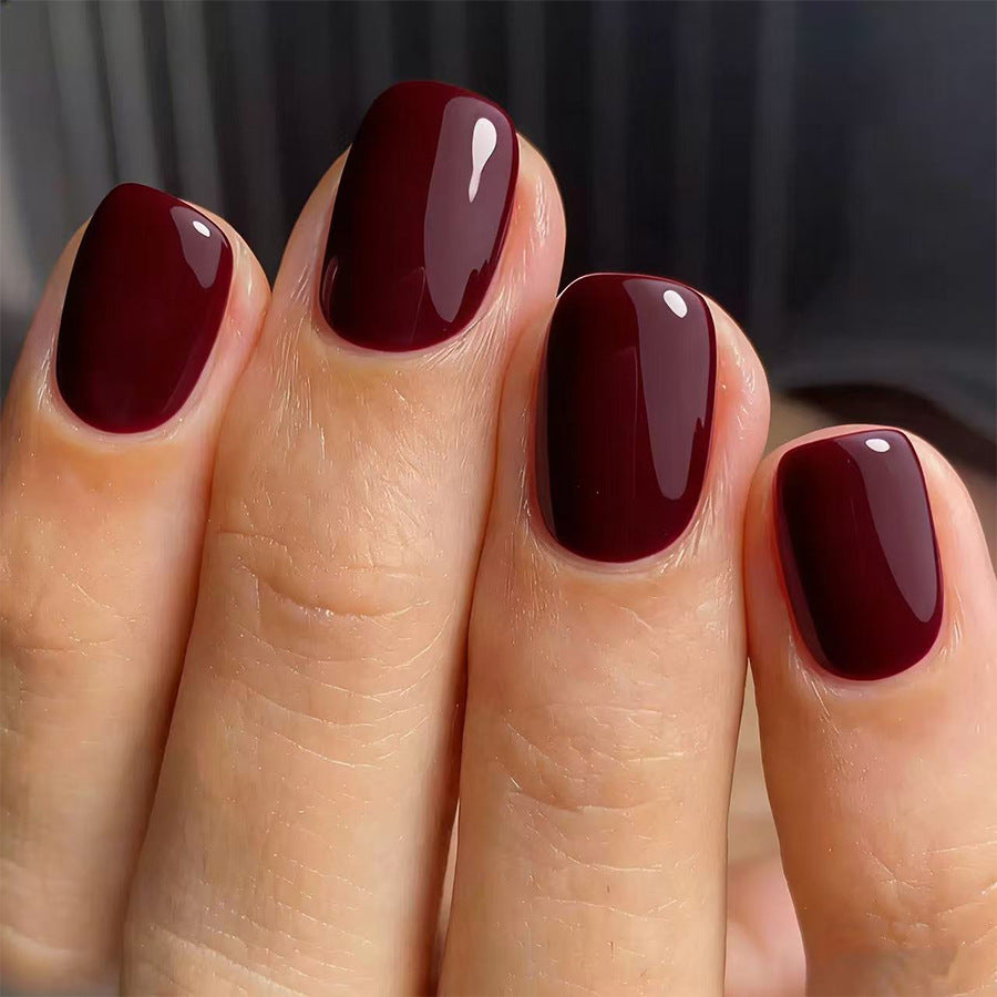 Elegant Autumn inspired Short Square Deep Burgundy Nail Set with Glossy Finish