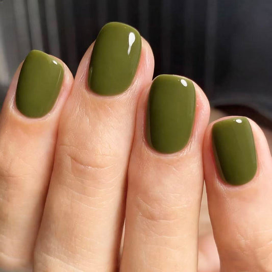 Earthy Elegance Short Square Olive Green Glossy Press-On Nail Set