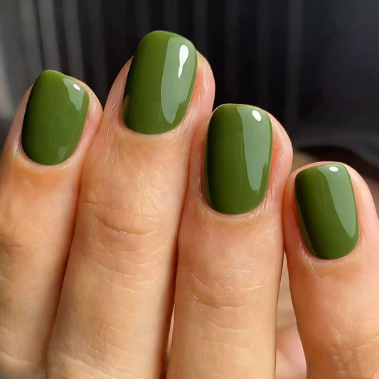 Nature's Elegance Short Square Olive Green Glossy Finish Press On Nail Set