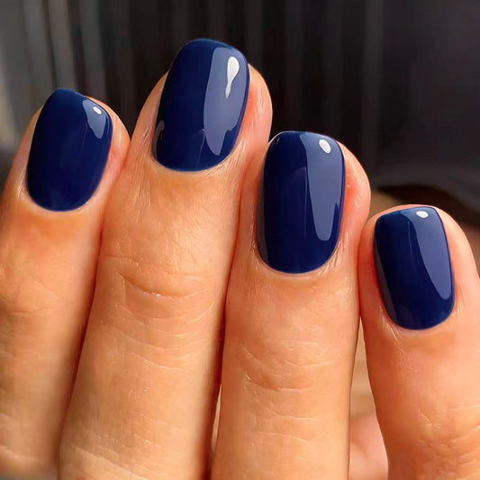 Nautical Vibes Short Square Dark Blue Glossy Press On Nail Set