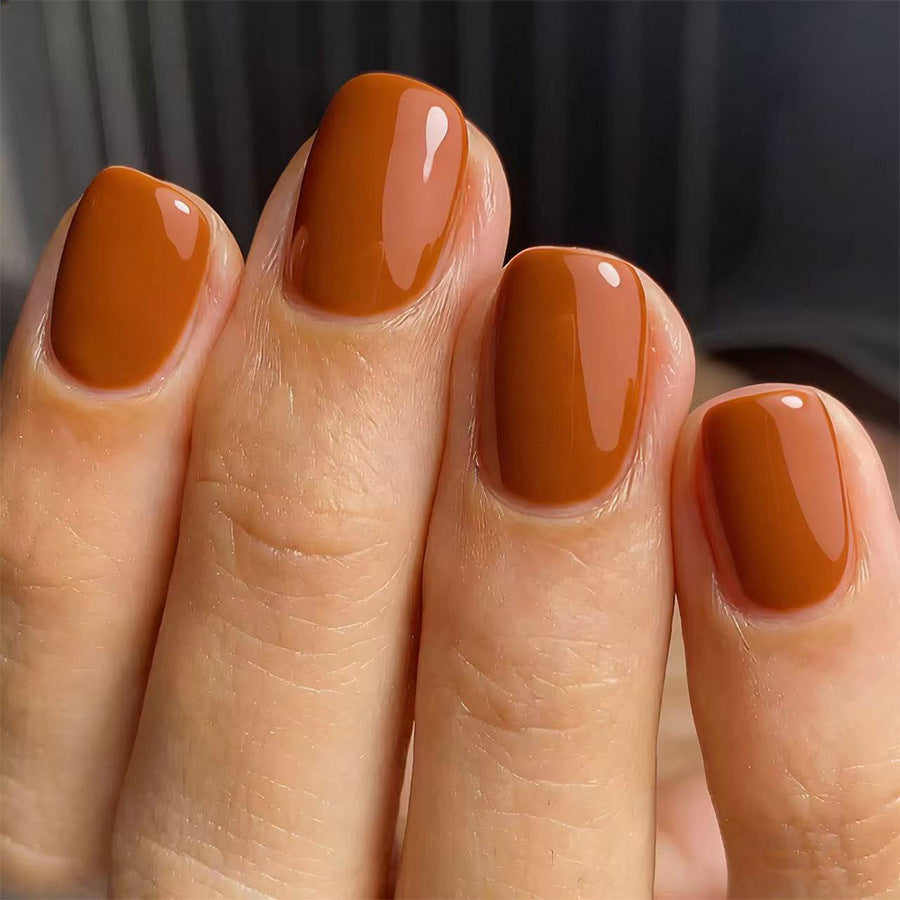 Autumn Elegance Short Square Brown Glossy Press On Nail Set