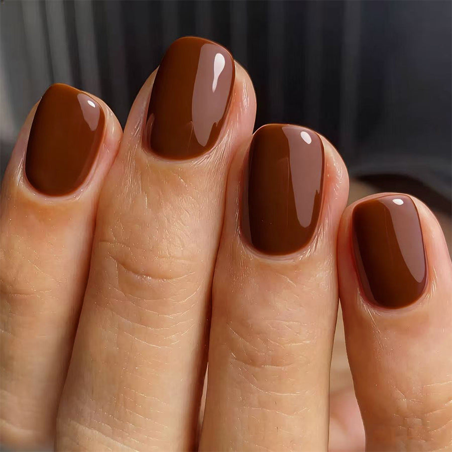 Elegant Earthy Short Square Glossy Brown Nail Press Set
