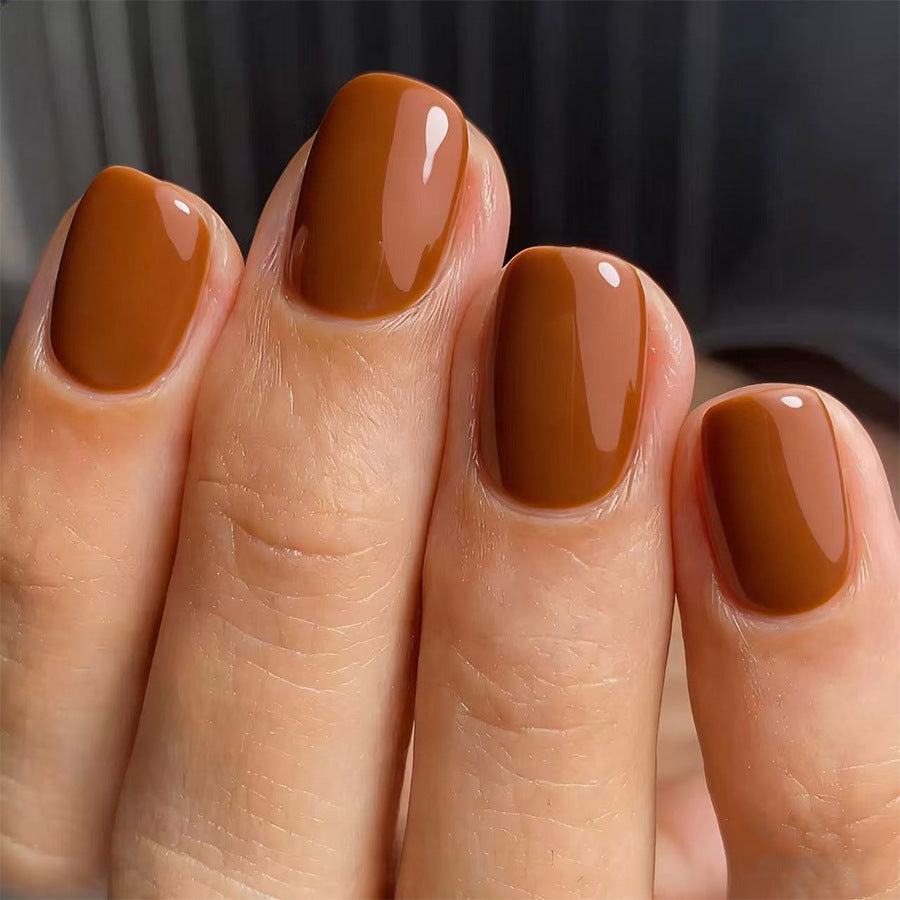 Autumn Elegance Short Square Rich Brown Glossy Press On Nail Set