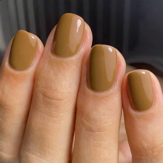 Autumn Elegance Short Square Olive Green Shiny Press On Nail Set