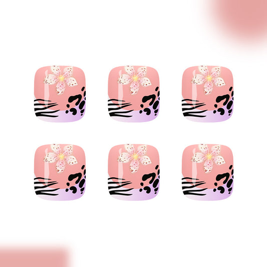 Tropical Bloom Short Square Pink Press-On Toenail Set with Floral Design