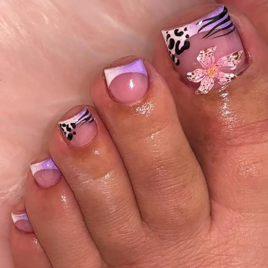 Tropical Vibes Short Square Lavender Ombre with Floral Accent Press on Toenail Set