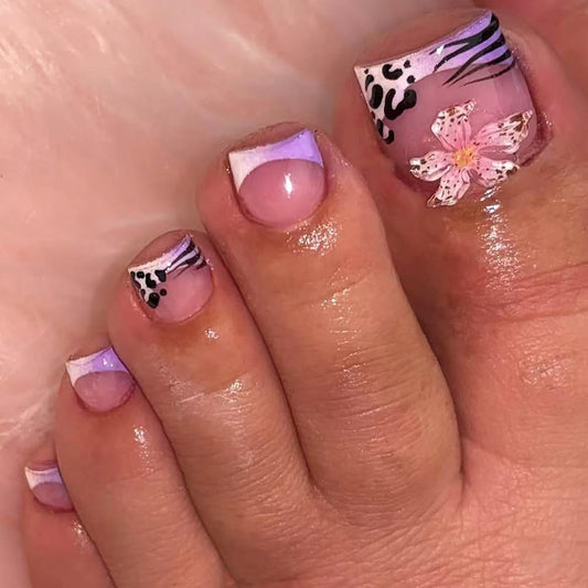 Tropical Vibes Short Square Lavender Ombre with Floral Accent Press on Toenail Set