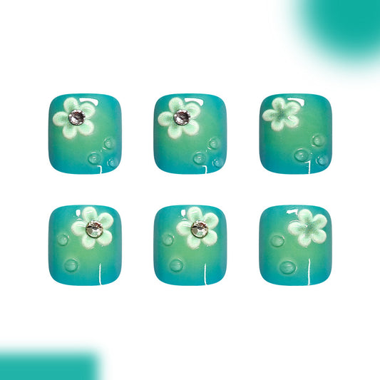 Garden Bliss Short Square Aqua Blue Floral Press On Toenail Set with Sparkling Accent